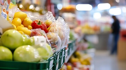 Poster - Vibrant display of fresh fruits and vegetables in a grocery store with a colorful background blur : Generative AI