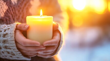Aufkleber - Cozy Hands Holding a Glowing Candle Against a Warm Sunset Background for Relaxing Vibes : Generative AI
