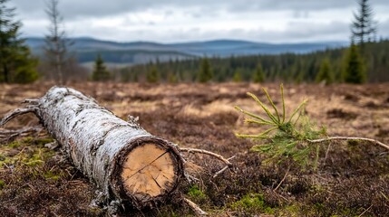 Poster - A serene landscape featuring a fallen log in a lush green forest with rolling hills and distant mountains : Generative AI