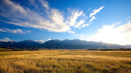 Aufkleber - Wide open field with golden grass under a bright blue sky and distant mountain range : Generative AI