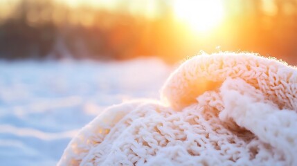 Poster - Cozy Warm Blanket Draped Over Snowy Landscape During Winter Sunset : Generative AI