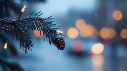 Aufkleber - Pine Cone on Tree Branch Decorated with Christmas Lights during a Rainy Evening : Generative AI