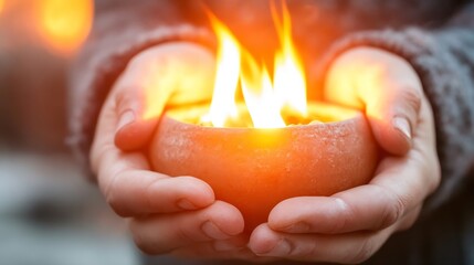 Poster - Holding a Burning Candle in Hands Creating an Ethereal Warm Glow in a Cozy Atmosphere : Generative AI