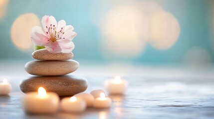 Poster - Serene Flower on Stack of Stones with Soft Candles in Tranquil Background : Generative AI