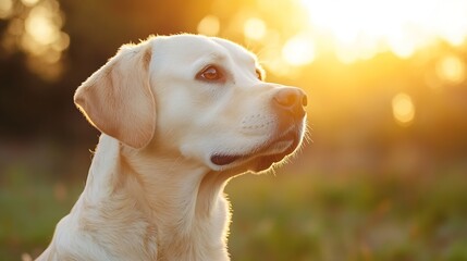 Aufkleber - Golden retriever dog profile view basking in warm sunlight during a golden hour : Generative AI