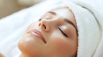 Poster - Beautiful woman enjoying a spa treatment with a towel on her head and glowing skin in a peaceful environment : Generative AI