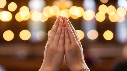 Aufkleber - Faithful hands in prayer shining under warm church lights creating a serene and spiritual atmosphere : Generative AI