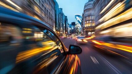 Poster - Dynamic cityscape with motion blur capturing the essence of fastpaced urban life at dusk : Generative AI