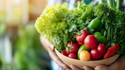 Poster - Fresh vegetables in a wooden bowl held by hands with sunlight creating a vibrant atmosphere : Generative AI