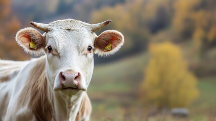 Poster - Curious Cow with Expressive Eyes Standing in a Pastoral Setting Surrounded by Warm Autumn Colors : Generative AI