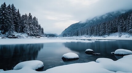 Poster - Silent Snowy Landscape Featuring Pine Trees and Calm Waters During Winter : Generative AI