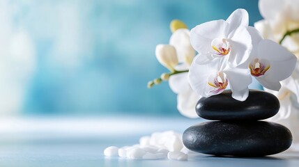 Poster - Beautiful White Orchids and Smooth Black Stones for Relaxation and Spa Environment : Generative AI