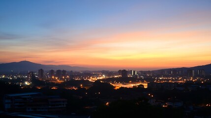 Poster - Dramatic Cityscape View at Twilight with Colorful Urban Lights Illuminating the Skyline and Mountains : Generative AI