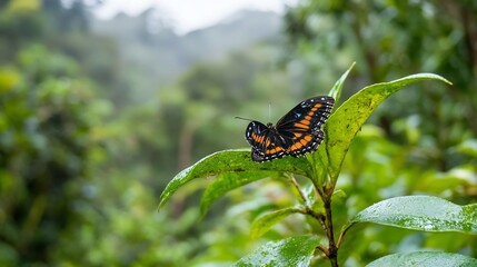 Aufkleber - Stunning Butterfly Perched on Green Leaves Amidst Lush Tropical Rainforest Foliage : Generative AI