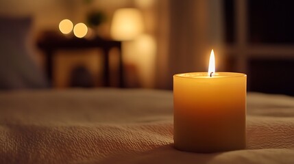 Leinwandbilder - Cozy Atmosphere with a Flickering Candle Creating Warm and Relaxing Ambiance at Home : Generative AI