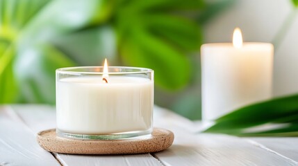 Aufkleber - Aromatherapy Candle with Natural Ingredients Lit Brightly on Wooden Surface Surrounded by Greenery : Generative AI