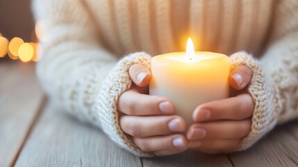 Aufkleber - Two Hands Embracing a Softly Glowing Candle in a Cozy Knit Sweater Setting : Generative AI