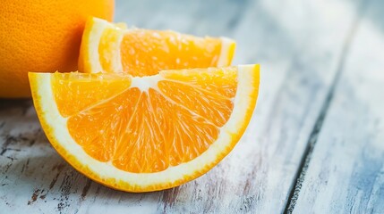 Poster - Freshly sliced ripe oranges showcasing vibrant colors and juicefilled segments on a rustic wooden surface : Generative AI