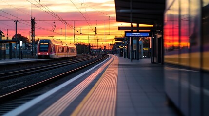 Aufkleber - Vibrant sunset casting colorful hues over a railway station as a train departs : Generative AI