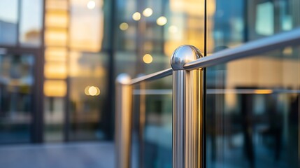Poster - Modern Glass Railing with Bokeh Background of Urban Architecture : Generative AI