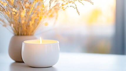 Leinwandbilder - Beautiful candle with soft glow beside a stylish vase filled with dried flowers : Generative AI