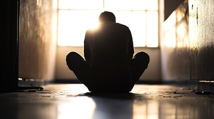 Aufkleber - Person Sitting Alone in Hallway with Sunlight Streaming Through Windows : Generative AI