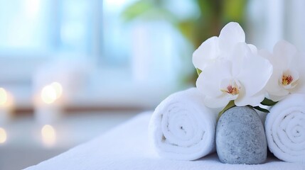 Aufkleber - Elegant Spa Setup with White Orchids Candles and Rolled Towels : Generative AI
