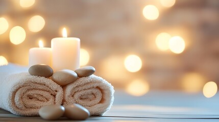 Poster - Spa Setting With Candles And Stones Soft Background For Relaxation : Generative AI