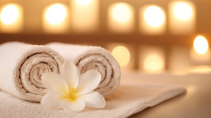 Poster - Elegant Spa Towels With Flower And Soft Candlelight Background : Generative AI