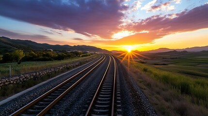 Aufkleber - Enchanting sunset illuminating train tracks winding through lush landscapes : Generative AI