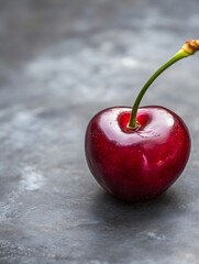 Poster - Single ripe cherry displaying its glossy surface and stem against a textured background : Generative AI