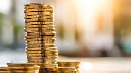 Aufkleber - Closeup view of stacked coins symbolizing wealth accumulation and financial growth in a warm sunlight : Generative AI