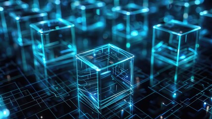 Poster - Abstract digital art with blue glowing cube and particles. Digital artwork of transparent cube with glowing blue color and dark background. Technology innovation and data visualization concept. AIG53.