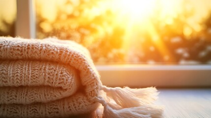 Aufkleber - Cozy Knit Blanket on Wooden Surface Bathed in Warm Morning Light : Generative AI