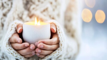 Aufkleber - Cozy Hands Holding a Soft Candle in Natural Light for Warm Winter Vibes and Relaxation : Generative AI