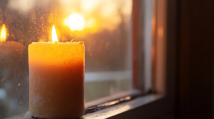 Poster - Warm Candle Flame Glowing in Window Against Soft Sunset Light : Generative AI