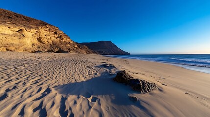 Poster - Serene beach landscape with gentle waves golden sand and rocky cliffs under a clear sunny sky : Generative AI