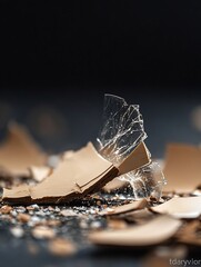 Leinwandbilder - Close up of broken glass pieces scattered on dark surface creating dynamic texture : Generative AI