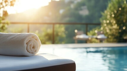 Poster - Soothing Poolside View Featuring Rolled Towel and Relaxing Atmosphere at Sunset : Generative AI