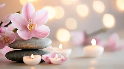 Leinwandbilder - Delicate Pink Flowers with Burning Candles and Bokeh Lights for Romantic Ambiance : Generative AI