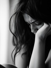 Poster - Emotional Closeup of a Young Woman in Pensive Mood Captured in Black and White : Generative AI