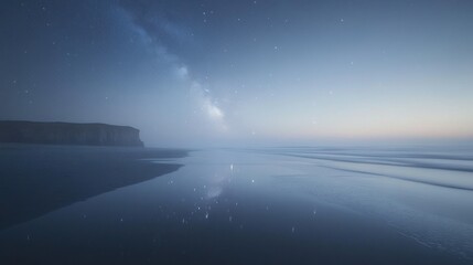Reflective beach view reveals cliffs milky way and starry sky