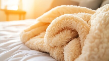 Aufkleber - Cozy yellow blanket neatly rolled on a bed creating a warm and inviting atmosphere : Generative AI
