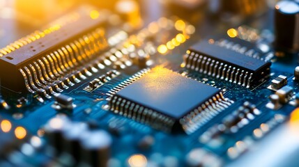 Fototapete - Macro close up of a computer chip and circuit board technology showcasing intricate details and components : Generative AI