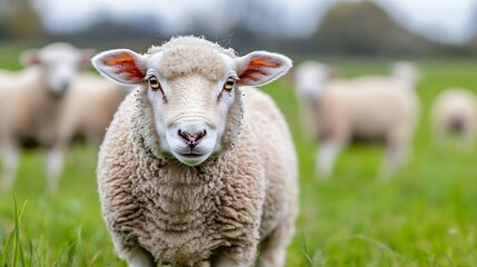 Poster - Curious Sheep in a Vibrant Green Meadow Against a Soft Focus Background : Generative AI