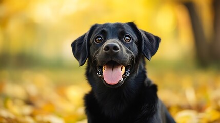 Aufkleber - Happy Black Dog Sitting in Autumn Leaves with Bright Smile : Generative AI