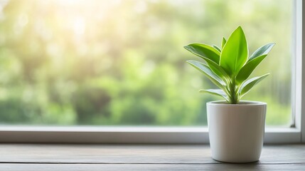 Leinwandbilder - Small green plant growing in a white pot on wooden surface by sunny window with natural light : Generative AI