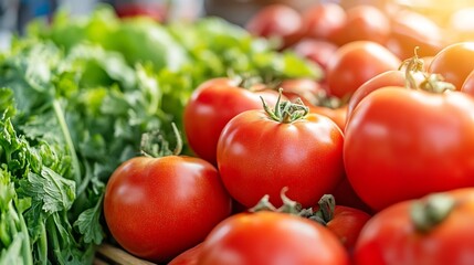 Poster - Fresh and Juicy Tomatoes Surrounded by Green Vegetables Harvested from a Vibrant Market Scene : Generative AI