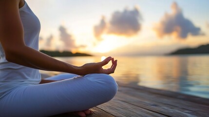 Aufkleber - Serene Yoga Meditation at Sunset Over Calm Waters Bringing Peace and Tranquility to Mind and Soul : Generative AI