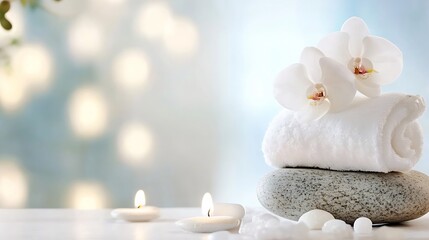 Aufkleber - Elegant Composition of Spa Towels and Orchid Flowers with Soothing Background Lights : Generative AI